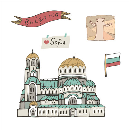 Set of hand drawn doodle icons of Cathedral of Christ the Saviour in Sofia, Bulgariaのイラスト素材