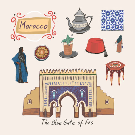 Set of islamic elements. Vector travel landmarks Morocco illustration in vintage style.のイラスト素材