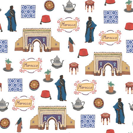 Seamless pattern with famous Morocco landmarks. Vector illustration.のイラスト素材