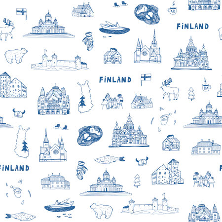 Seamless pattern with hand drawn landmarks of Finland. Vector illustration.のイラスト素材