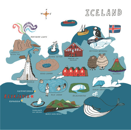 Iceland travel icon set. Hand drawn illustration of Iceland travel vector icons for web designのイラスト素材
