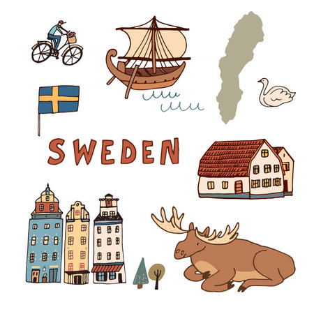Set of vector hand drawn doodle icons of Sweden.のイラスト素材