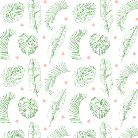Seamless pattern with hand drawn tropical leaves. Vector illustration.
