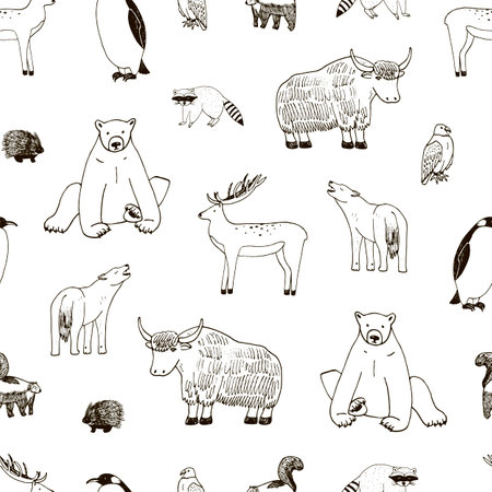Seamless pattern with wild animals. Hand drawn vector illustration.のイラスト素材