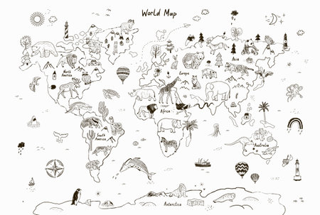 Hand drawn doodle world map. Vector illustration on white background.のイラスト素材