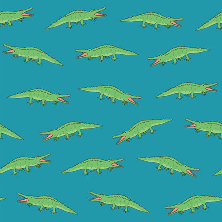 Seamless pattern with green crocodile on blue background. Vector illustration.