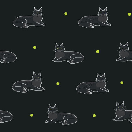 Seamless pattern with black cats on a black background. Vector illustration.のイラスト素材