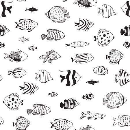 Seamless pattern with hand drawn fish. Vector illustration in doodle style.のイラスト素材