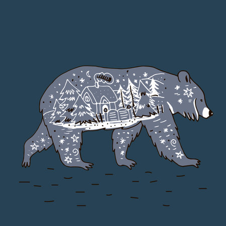 Hand drawn vector Christmas illustration of a polar bear in the forest. Scandinavian style.のイラスト素材