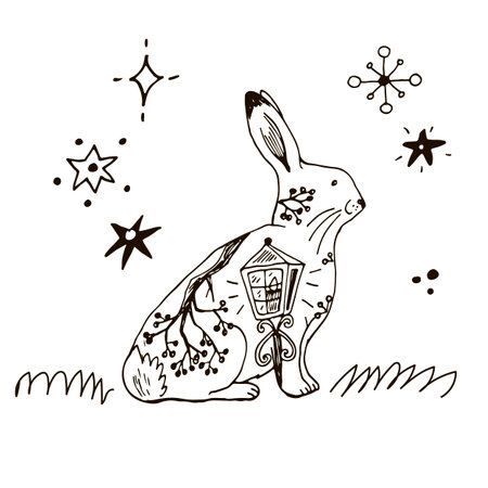 Hand drawn vector illustration of cute easter bunny. Line art.のイラスト素材