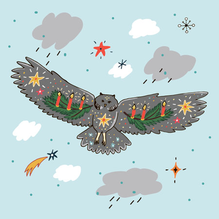 Christmas greeting card with a cute owl flying in the sky. Vector illustration.のイラスト素材