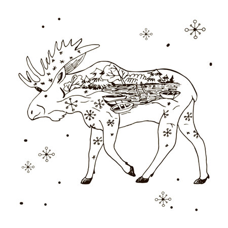 Hand drawn moose with christmas tree and snowflakes.のイラスト素材