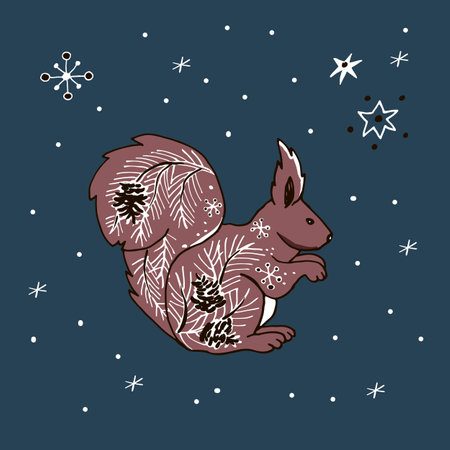 Hand drawn vector illustration of a cute squirrel on a dark blue background.のイラスト素材