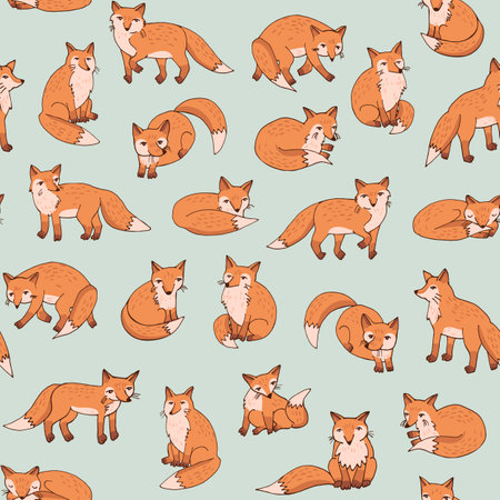 Seamless pattern with cute foxes. Vector illustration in sketch style.