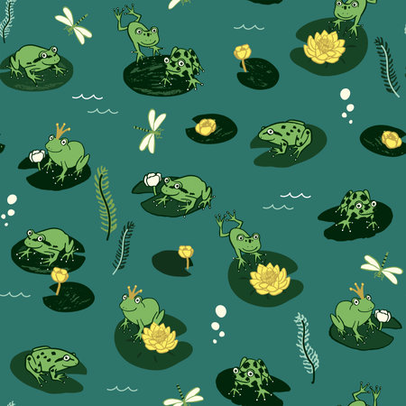 Seamless pattern with frogs and water lilies. Vector illustration.のイラスト素材