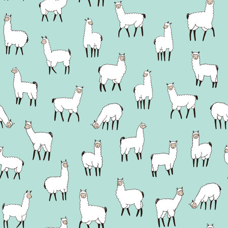 Seamless pattern with cute llamas. Hand drawn vector illustration.のイラスト素材