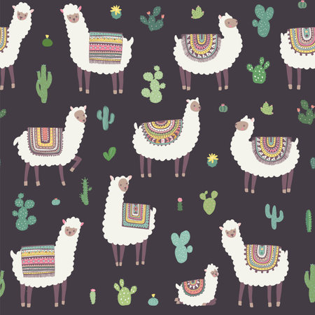 Cute seamless pattern with alpaca and cacti. Vector illustrationのイラスト素材
