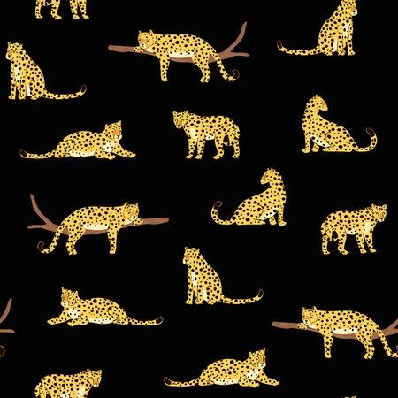Seamless pattern with cheetah on black background. Vector illustration.のイラスト素材