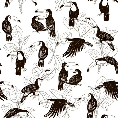 Seamless pattern with toucans. Hand drawn vector illustration.のイラスト素材