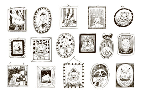 Set of hand drawn doodle frames with animals. Vector illustrationのイラスト素材