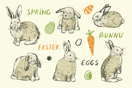 Set of Easter bunnies, eggs and carrots. Vector illustration.のイラスト素材