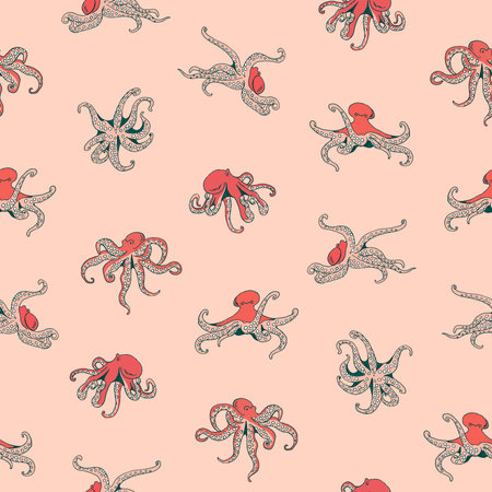 Seamless pattern with octopus. Vector illustration. Hand drawn.のイラスト素材