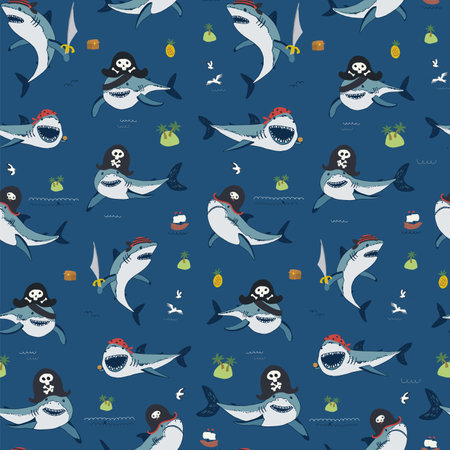 Seamless pattern with cute shark. Vector illustration in cartoon style.のイラスト素材