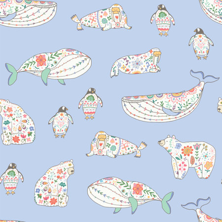 Seamless pattern with cute whales, bears, penguins. Vector illustration. Hand drawn.のイラスト素材