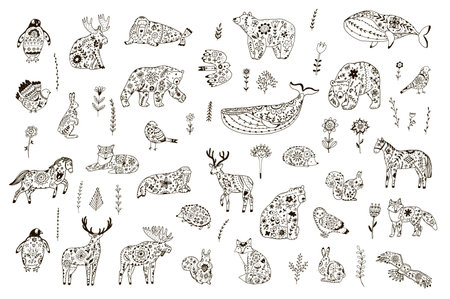 Set of hand drawn doodle wild animals. Vector illustration.のイラスト素材