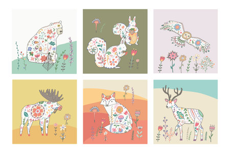 Set of hand drawn vector illustrations in Scandinavian style with cute animals and flowers.のイラスト素材