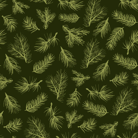 Seamless pattern with pine branches on a green background. Vector illustration.のイラスト素材