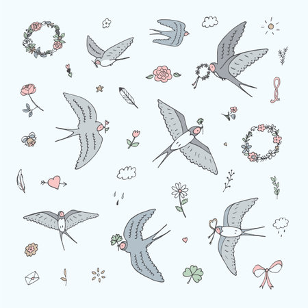 Set of cute hand drawn doodle swans and flowers. Vector illustration.のイラスト素材