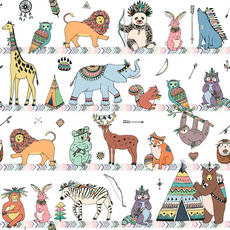 Seamless pattern with tribal animals. Hand drawn vector illustration.のイラスト素材