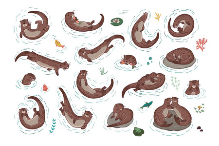 Cute cartoon otters. Vector set of cute animal characters.のイラスト素材