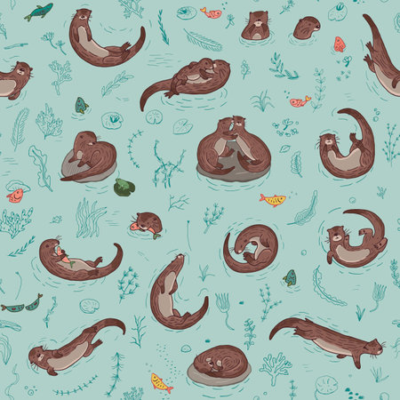 Seamless pattern of cute cartoon otters and seaweed.のイラスト素材