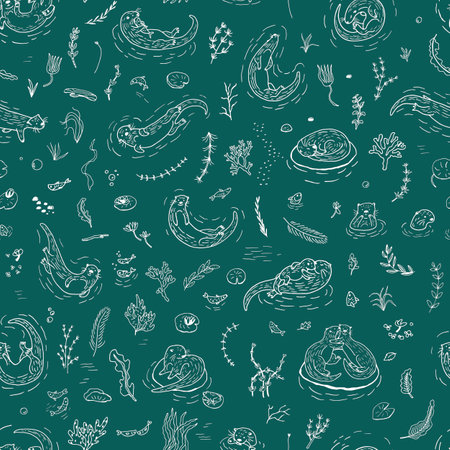 Seamless pattern with hand drawn fish, seaweed and otters.のイラスト素材