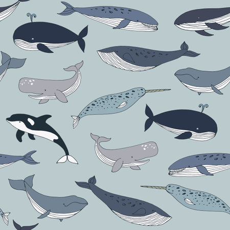 Seamless pattern with cute whales. Vector illustration in cartoon style.のイラスト素材