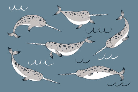 Set of cute cartoon narwhal in different poses. Vector illustration.のイラスト素材