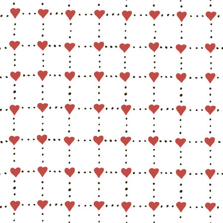 Seamless pattern with red hearts and dots. Vector illustration.