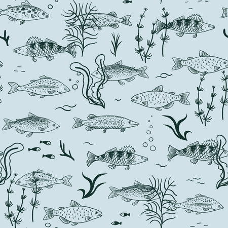 Seamless pattern with hand drawn fishes and seaweeds. Vector illustrationのイラスト素材