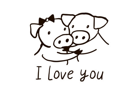 I love you lettering with cute pig. Hand drawn vector illustration.のイラスト素材