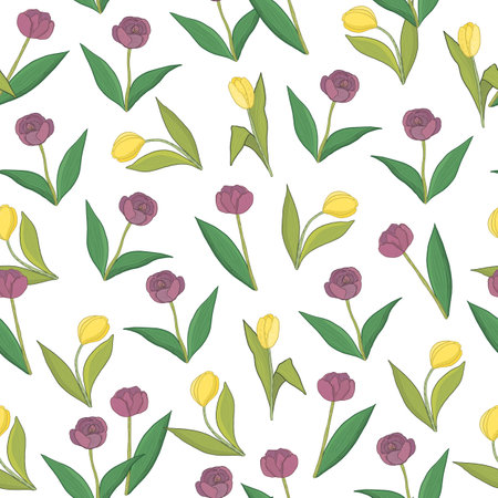 Seamless pattern with tulips on white background. Vector illustration.のイラスト素材