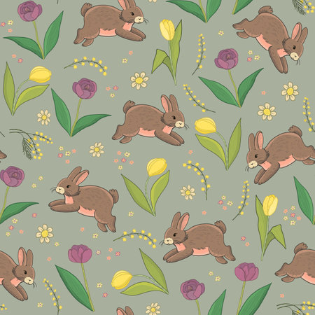 Seamless pattern with cute bunnies and flowers. Vector illustration.のイラスト素材