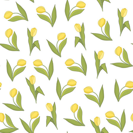 Seamless pattern with yellow tulips on a white background.のイラスト素材