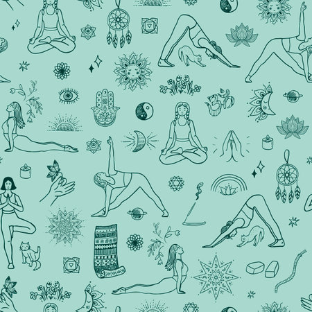 Hand drawn seamless pattern with yoga poses. Vector illustration in outline style.のイラスト素材