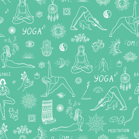 Seamless pattern with yoga poses. Yoga. Vector illustration.のイラスト素材
