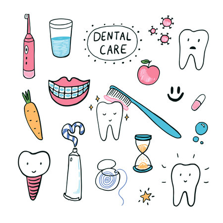 Dental care doodle icons. Hand drawn vector illustration.のイラスト素材