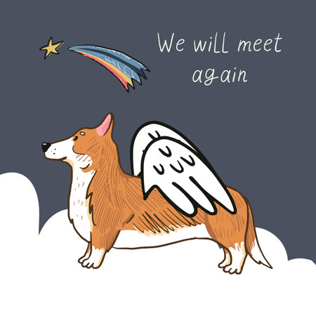 Hand drawn vector illustration of cute corgi dog with wings flying in the sky.のイラスト素材
