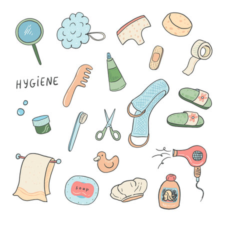 Hair care doodle set. Hand drawn vector illustration.のイラスト素材