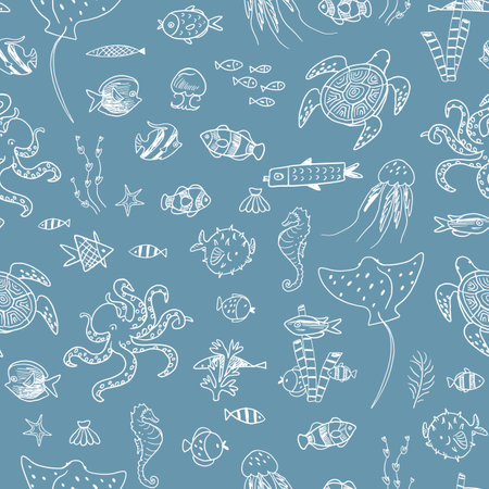 Seamless pattern with sea animals. Hand drawn vector illustration.のイラスト素材